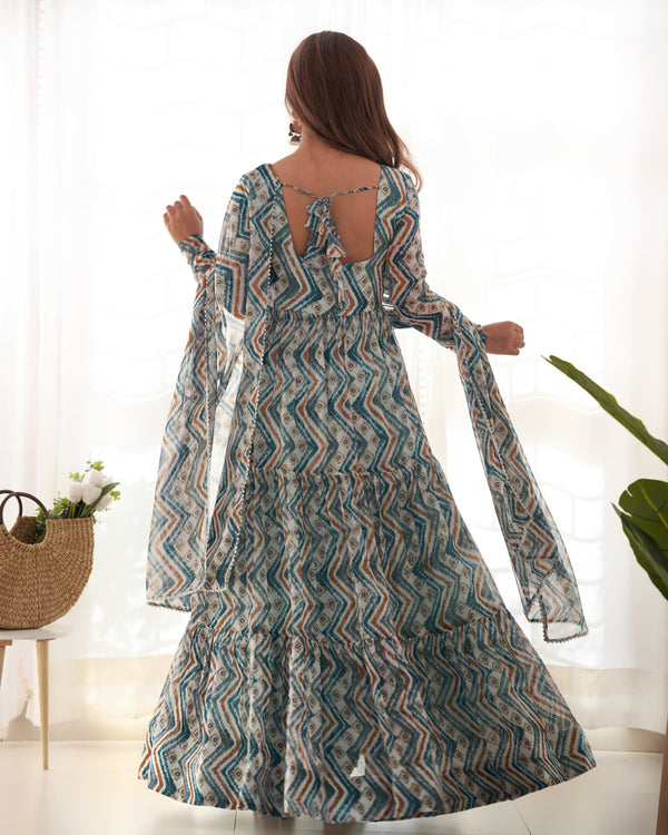 Elegant Light Blue Zigzag Print Anarkali Set with Dupatta – Perfect for Festivities & Weddings