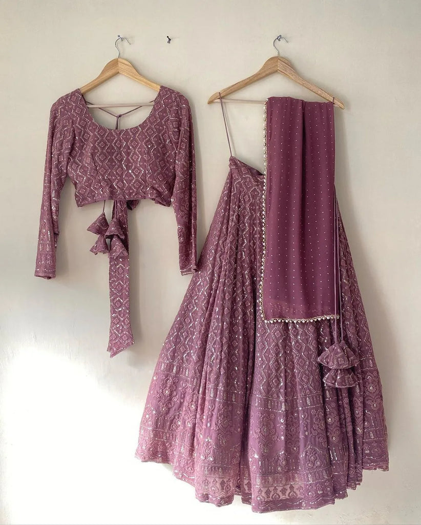 Elegant Onion Color Georgette Lehenga Choli Set - Exquisite Thread and Zari Embroidery ClothsVilla