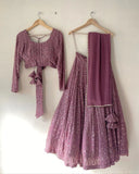 Elegant Onion Color Georgette Lehenga Choli Set - Exquisite Thread and Zari Embroidery