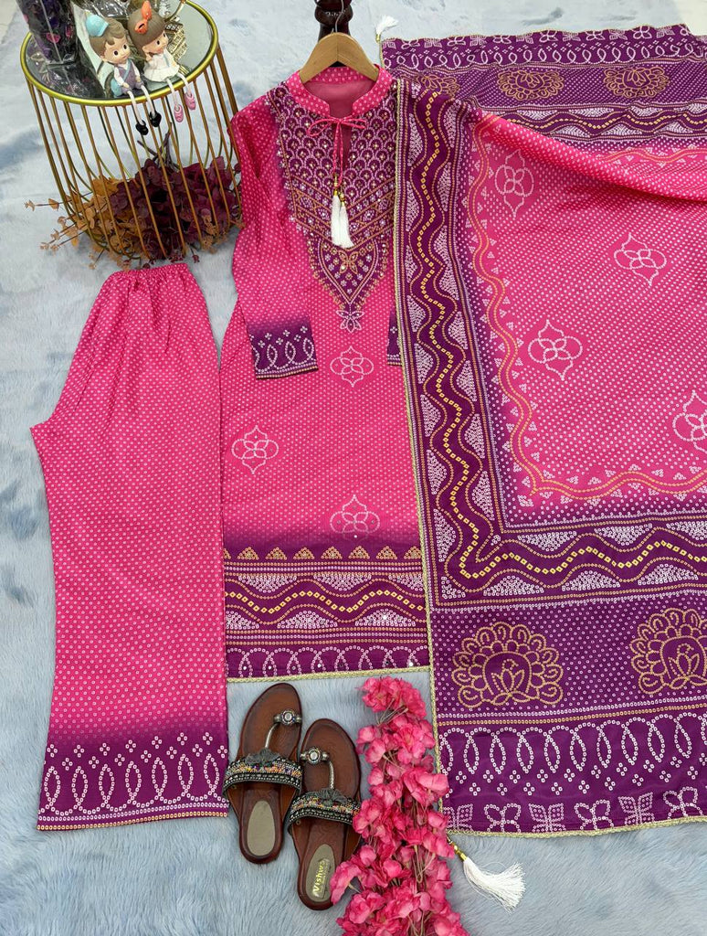 Elegant Pink Designer Party Wear Chinon Silk Top, Palazzo & Dupatta Set Clothsvilla