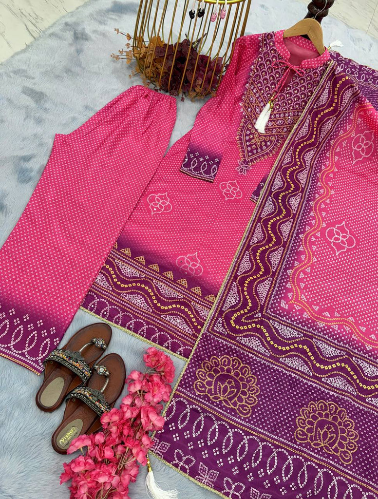 Elegant Pink Designer Party Wear Chinon Silk Top, Palazzo & Dupatta Set Clothsvilla