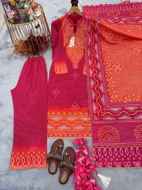 Rani Pink Elegant Designer Party Wear Chinon Silk Top, Palazzo & Dupatta Set Clothsvilla Main image