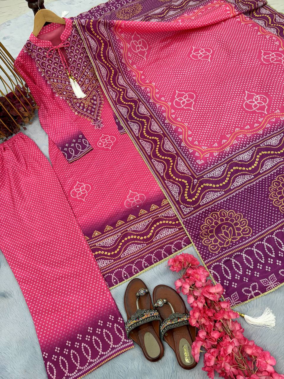 Elegant Pink Designer Party Wear Chinon Silk Top, Palazzo & Dupatta Set Clothsvilla