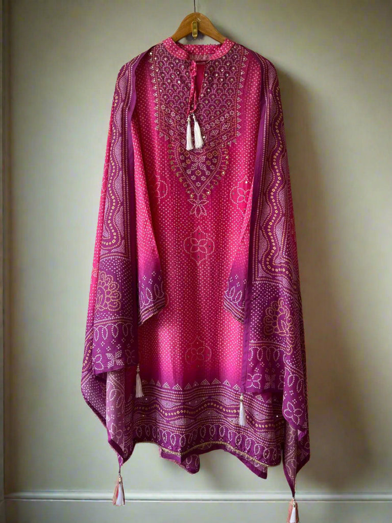 Elegant Pink Designer Party Wear Chinon Silk Top, Palazzo & Dupatta Set Clothsvilla