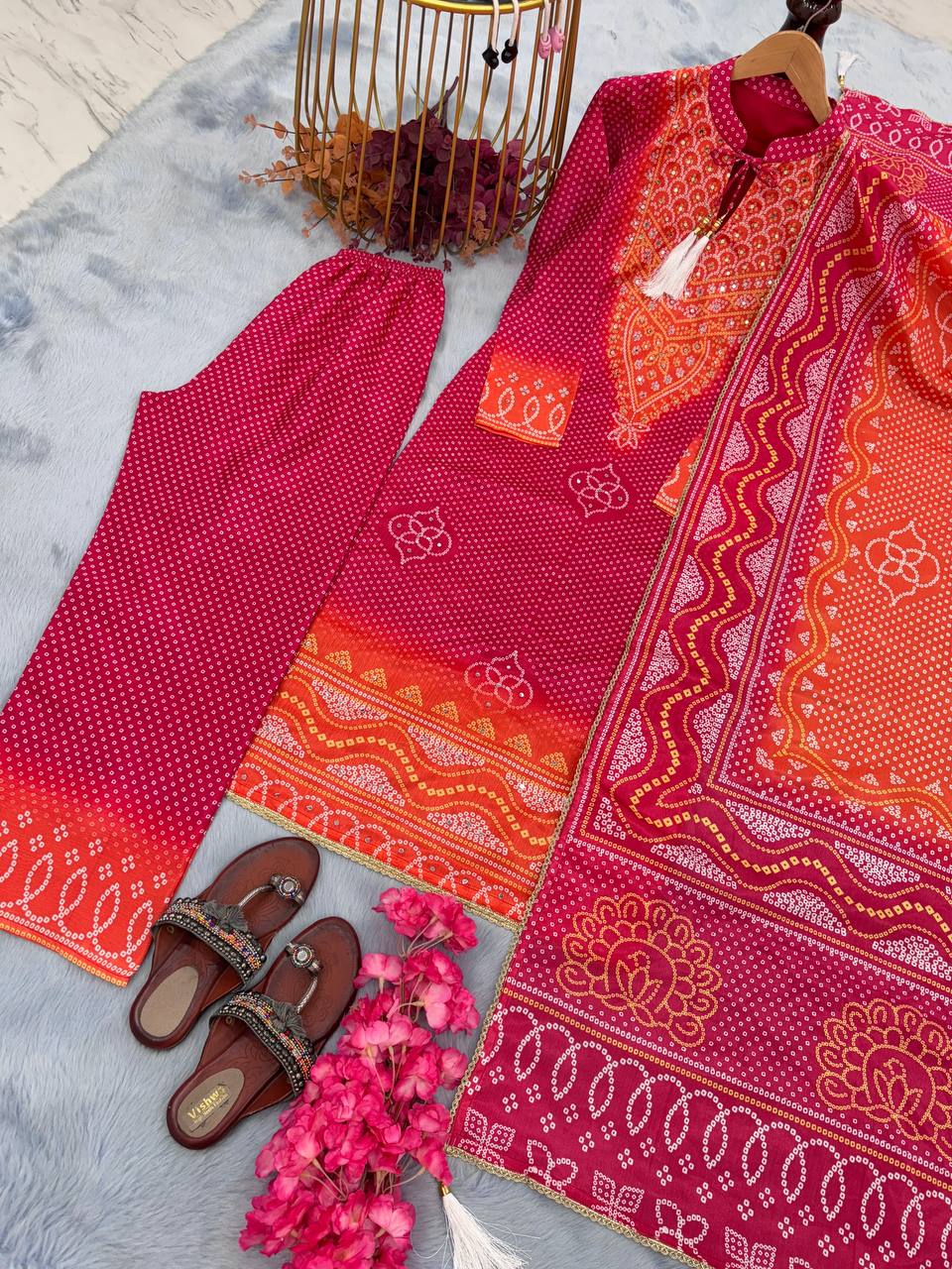 Rani Pink Elegant Designer Party Wear Chinon Silk Top, Palazzo & Dupatta Set Clothsvilla