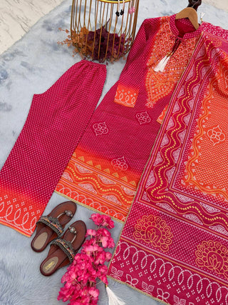 Rani Pink Elegant Designer Party Wear Chinon Silk Top, Palazzo & Dupatta Set Clothsvilla