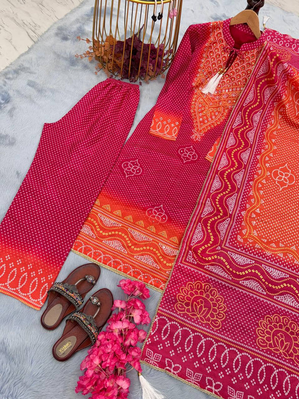 Rani Pink Elegant Designer Party Wear Chinon Silk Top, Palazzo & Dupatta Set Clothsvilla