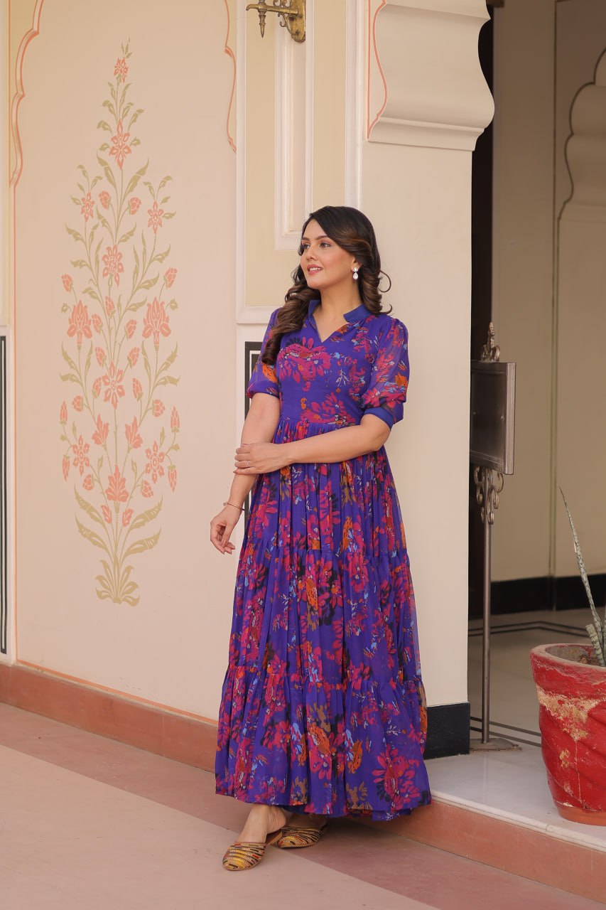 Purple Elegant Printed Faux Georgette Gown for Women 12 Mtr Flair Full Cotton Lining V Neck with Collar ClothsVilla