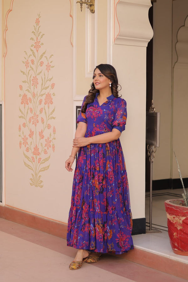 Purple Elegant Printed Faux Georgette Gown for Women 12 Mtr Flair Full Cotton Lining V Neck with Collar ClothsVilla