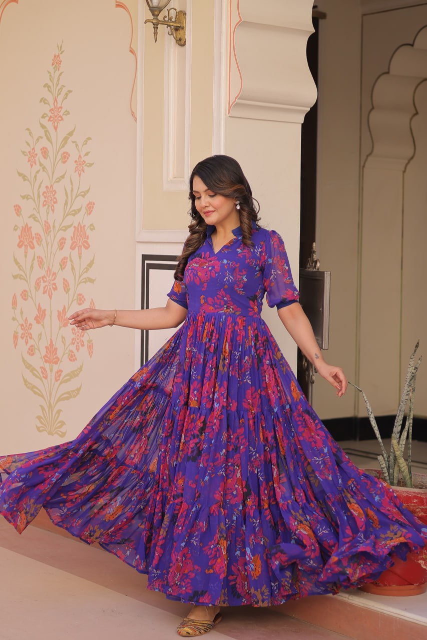 Purple Elegant Printed Faux Georgette Gown for Women 12 Mtr Flair Full Cotton Lining V Neck with Collar ClothsVilla