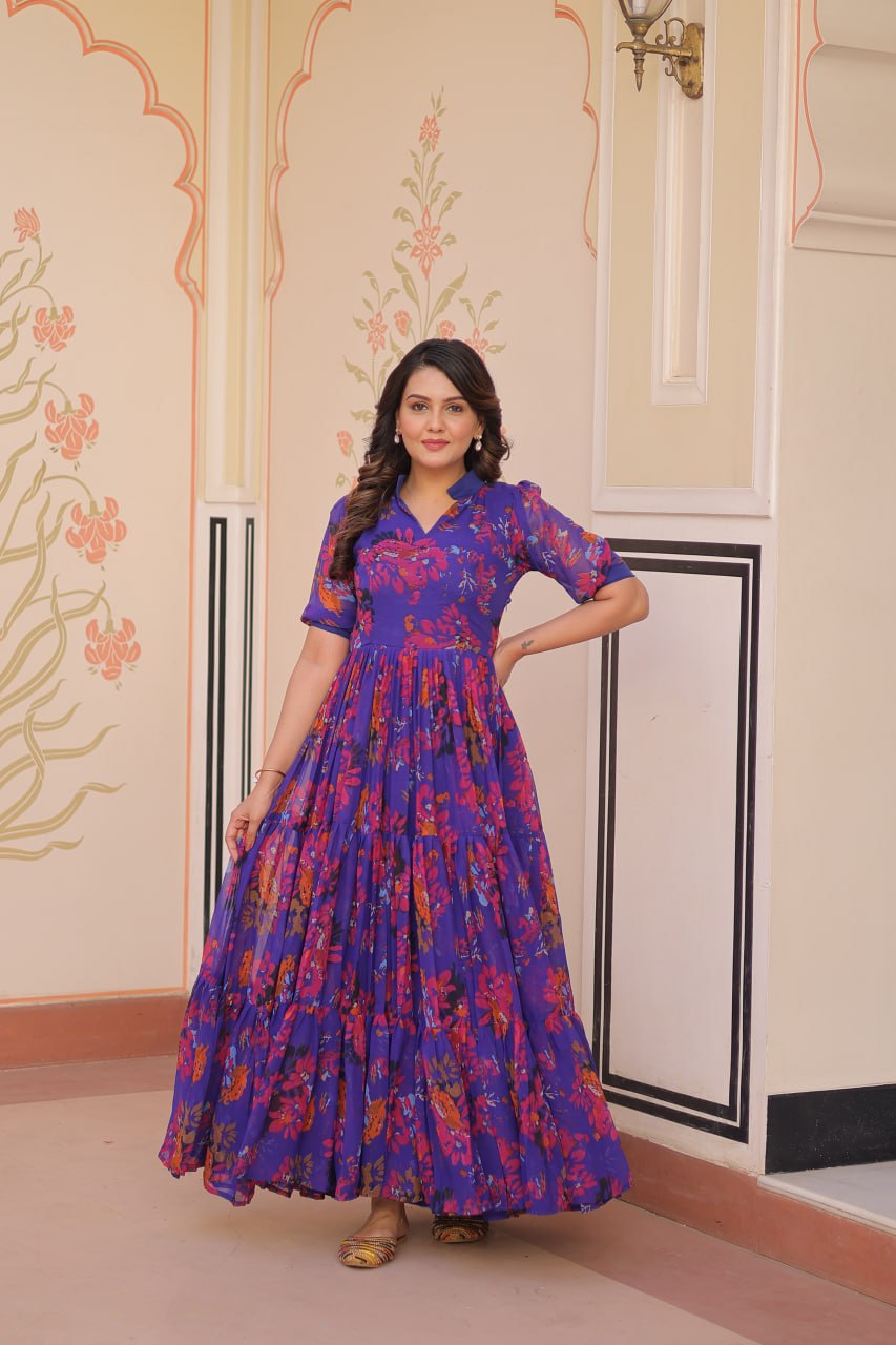 Purple Elegant Printed Faux Georgette Gown for Women 12 Mtr Flair Full Cotton Lining V Neck with Collar ClothsVilla