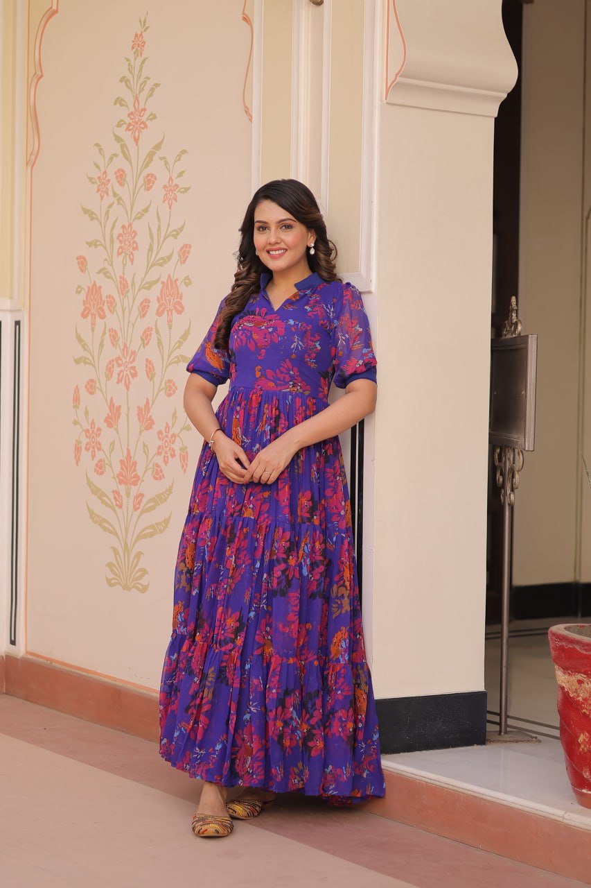 Purple Elegant Printed Faux Georgette Gown for Women 12 Mtr Flair Full Cotton Lining V Neck with Collar ClothsVilla