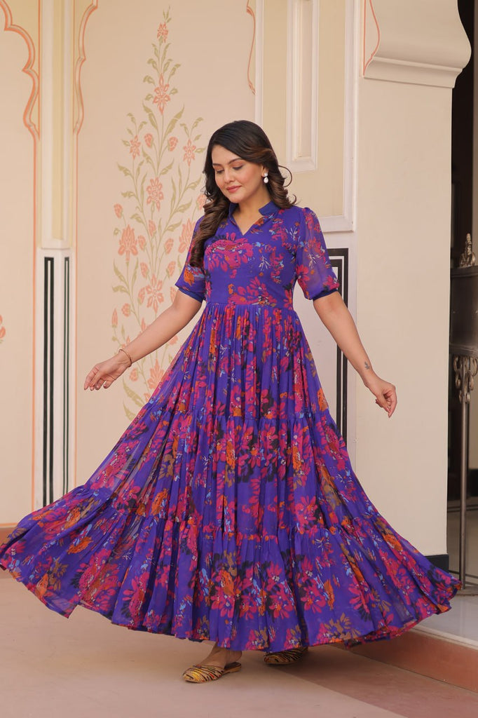 Purple Elegant Printed Faux Georgette Gown for Women 12 Mtr Flair Full Cotton Lining V Neck with Collar ClothsVilla