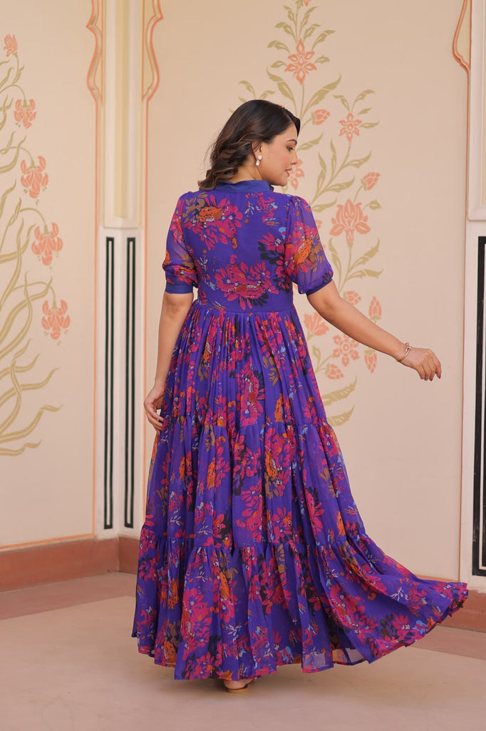 Purple Elegant Printed Faux Georgette Gown for Women 12 Mtr Flair Full Cotton Lining V Neck with Collar ClothsVilla