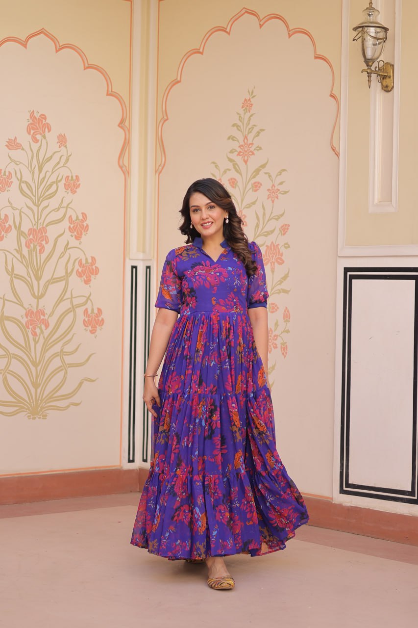 Purple Elegant Printed Faux Georgette Gown for Women 12 Mtr Flair Full Cotton Lining V Neck with Collar ClothsVilla