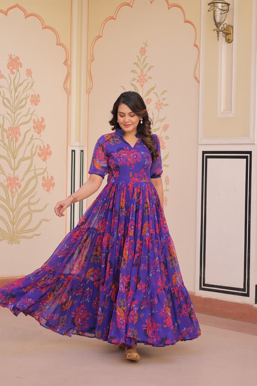Purple Elegant Printed Faux Georgette Gown for Women 12 Mtr Flair Full Cotton Lining V Neck with Collar ClothsVilla