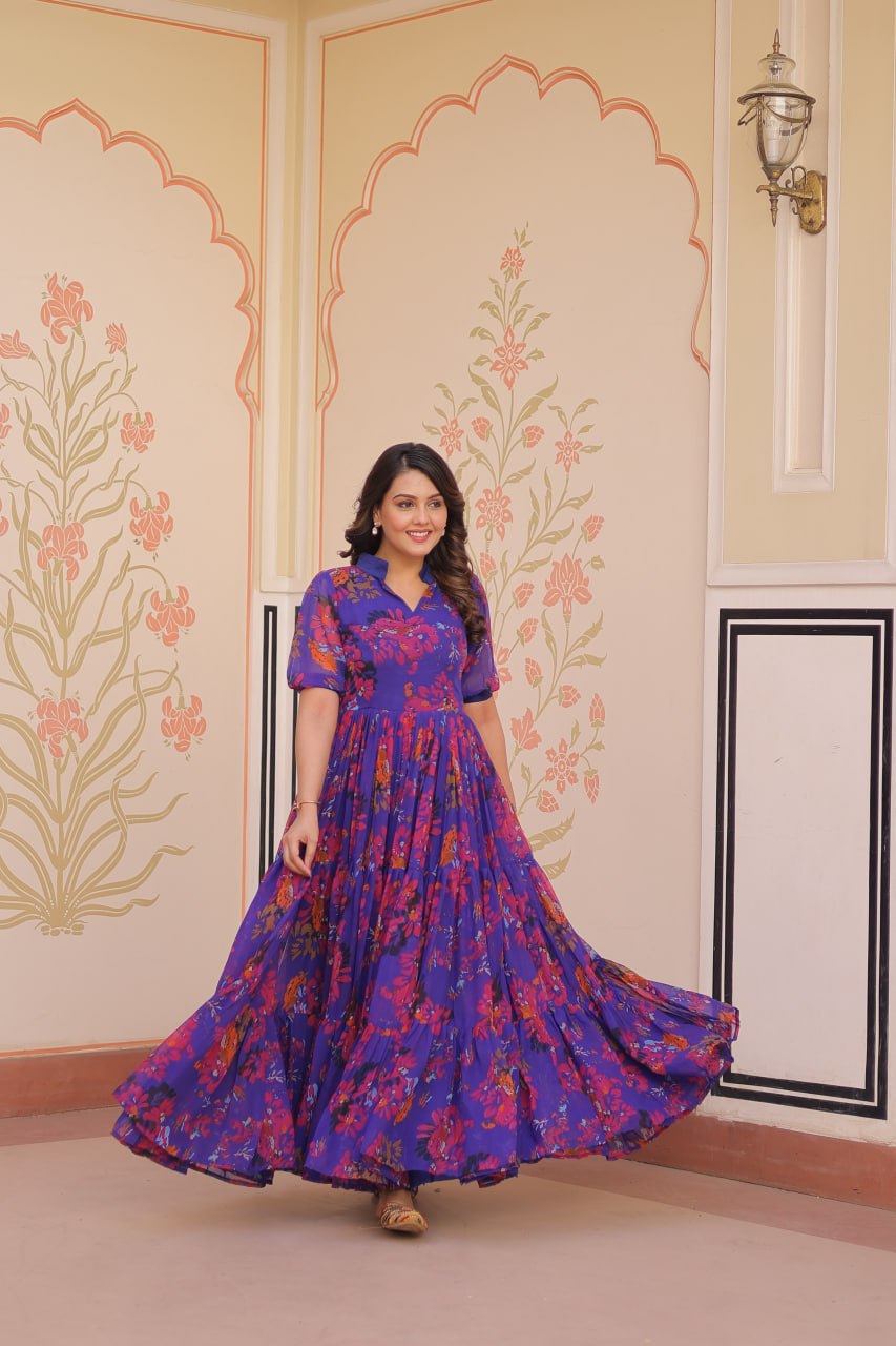 Purple Elegant Printed Faux Georgette Gown for Women 12 Mtr Flair Full Cotton Lining V Neck with Collar ClothsVilla