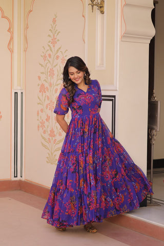 Purple Elegant Printed Faux Georgette Gown for Women 12 Mtr Flair Full Cotton Lining V Neck with Collar ClothsVilla