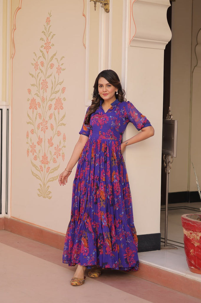 Purple Elegant Printed Faux Georgette Gown for Women 12 Mtr Flair Full Cotton Lining V Neck with Collar ClothsVilla
