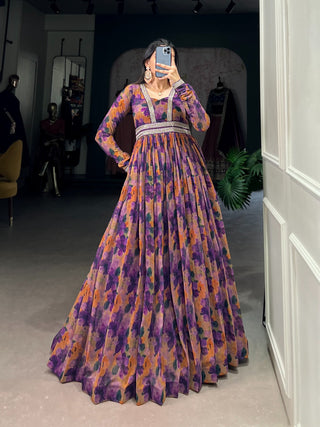 Elegant Purple Floral Georgette Gown with Lace Detailing ClothsVilla