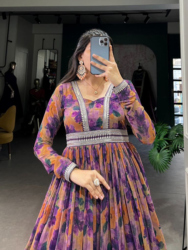 Elegant Purple Floral Georgette Gown with Lace Detailing ClothsVilla