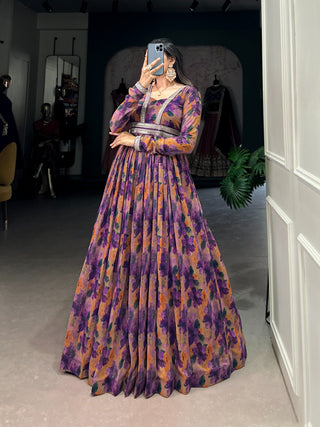 Elegant Purple Floral Georgette Gown with Lace Detailing ClothsVilla