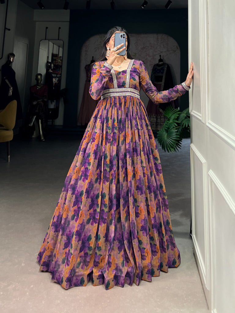 Elegant Purple Floral Georgette Gown with Lace Detailing ClothsVilla