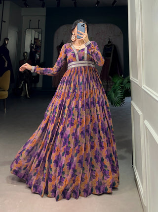 Elegant Purple Floral Georgette Gown with Lace Detailing ClothsVilla