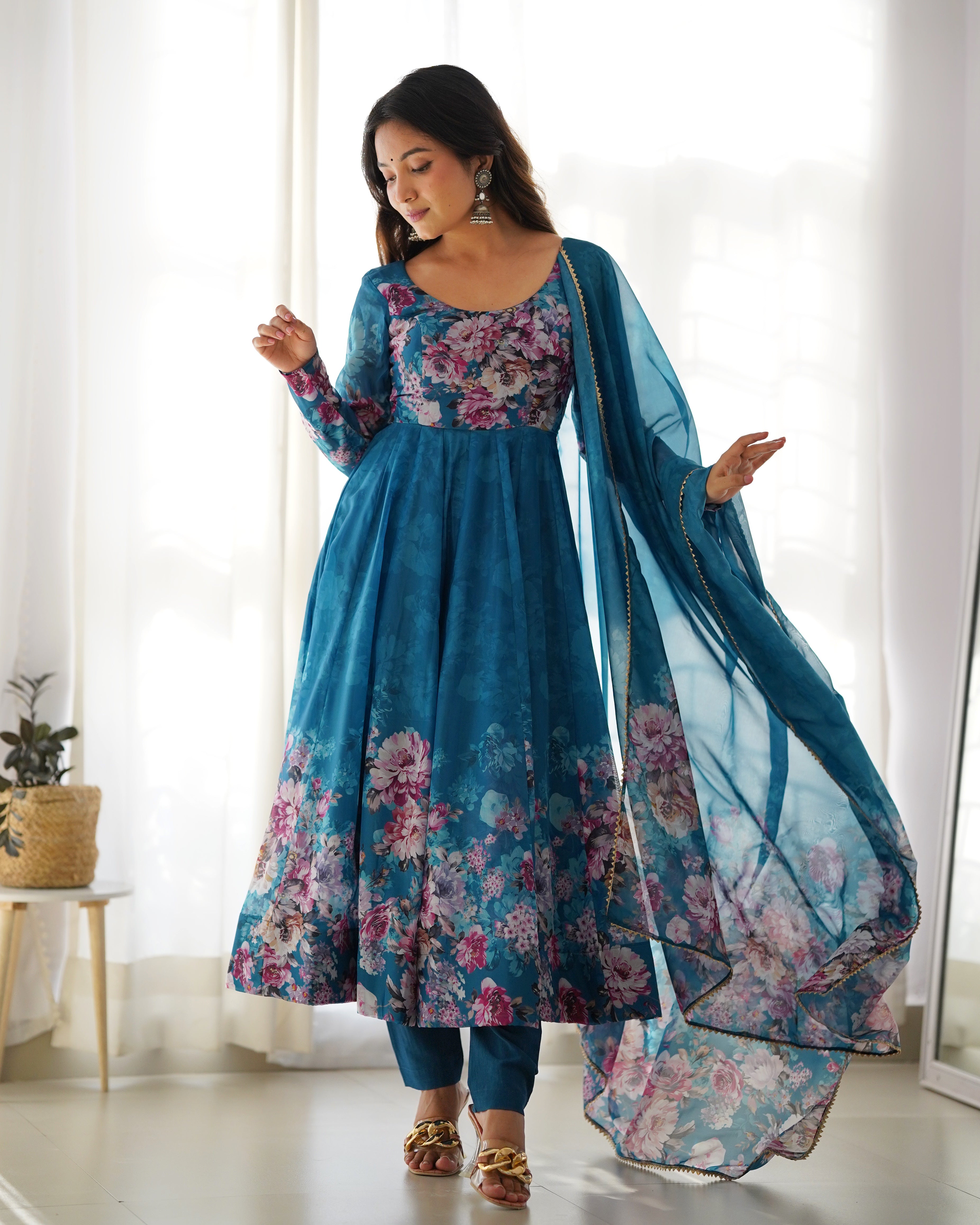 Elegant Rama Anarkali Silk Gown with Canvas Patta and Dupatta Set - Perfect for Festivities and Weddings ClothsVilla Main image