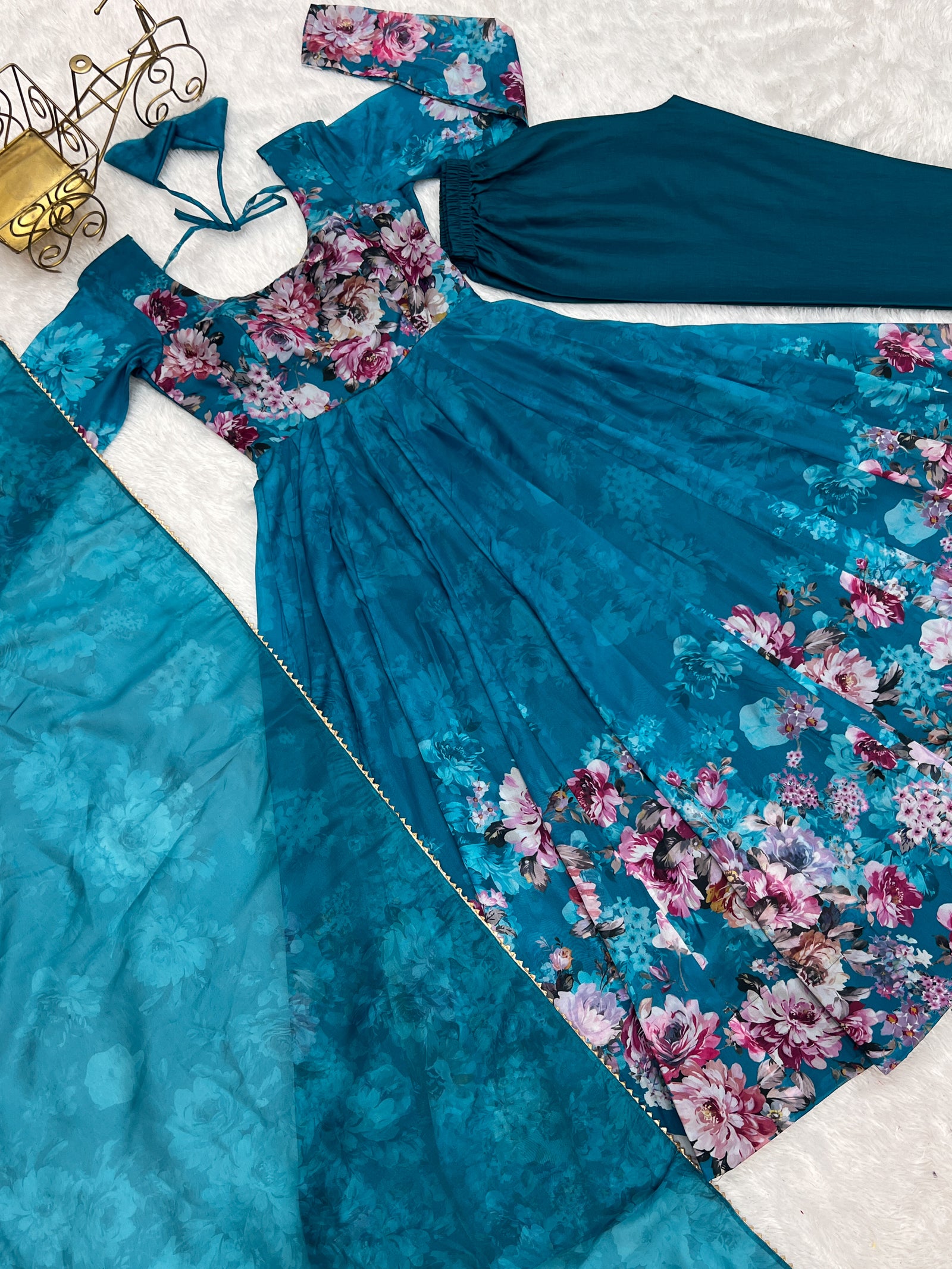 Elegant Rama Anarkali Silk Gown with Canvas Patta and Dupatta Set - Perfect for Festivities and Weddings ClothsVilla