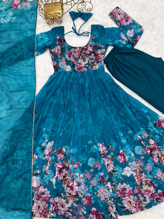 Elegant Rama Anarkali Silk Gown with Canvas Patta and Dupatta Set - Perfect for Festivities and Weddings ClothsVilla
