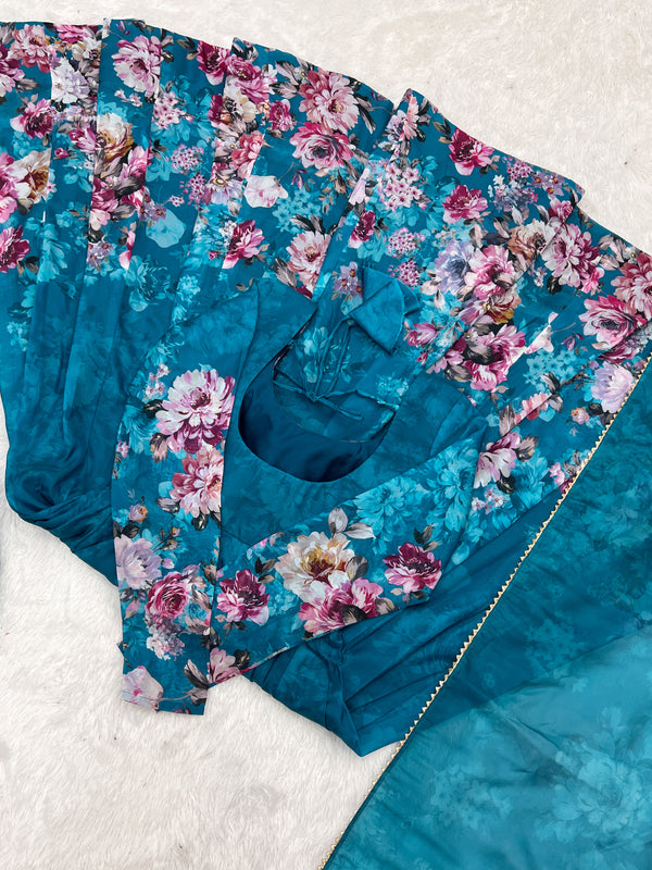 Elegant Rama Anarkali Silk Gown with Canvas Patta and Dupatta Set - Perfect for Festivities and Weddings ClothsVilla