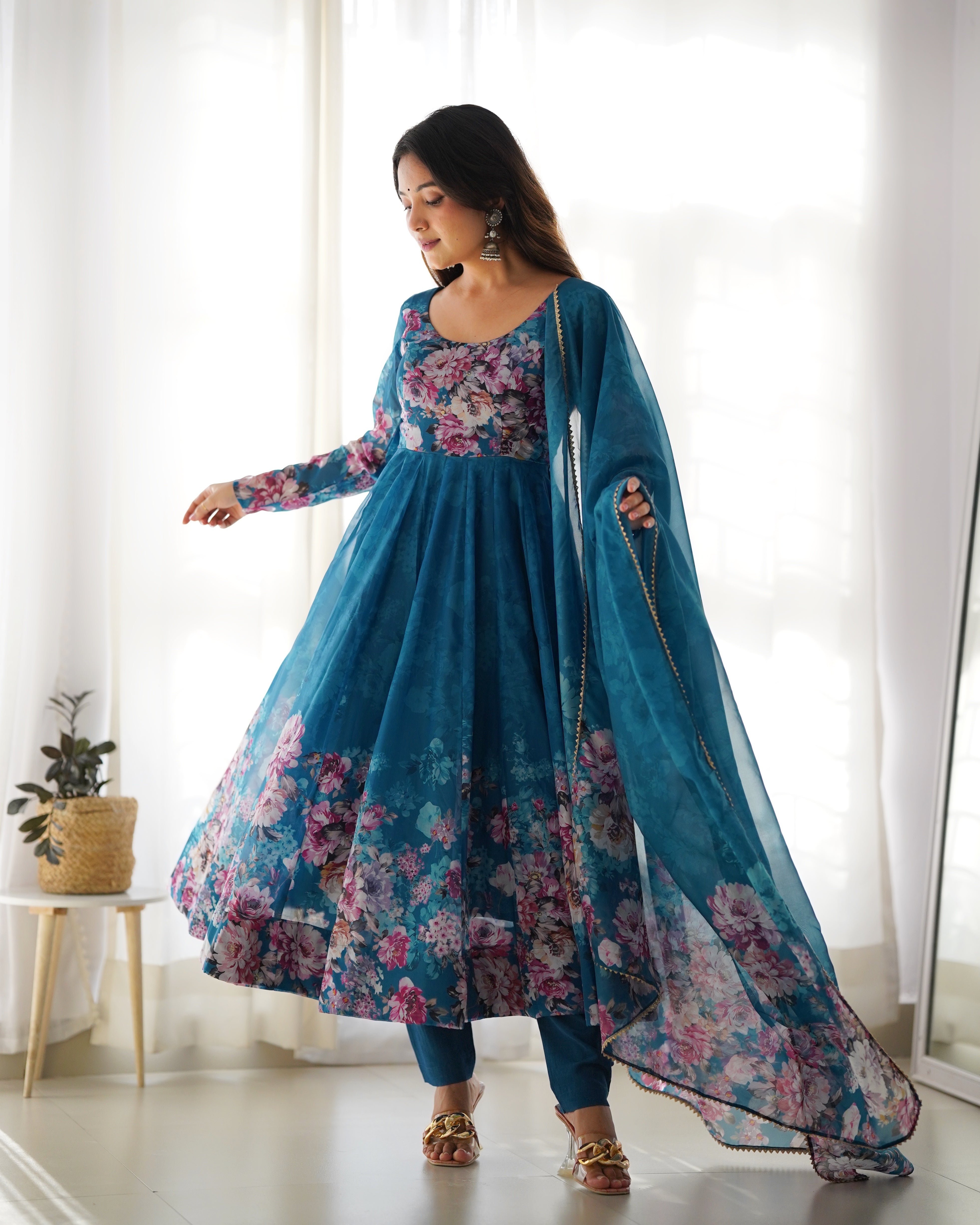 Elegant Rama Anarkali Silk Gown with Canvas Patta and Dupatta Set - Perfect for Festivities and Weddings Secondary image
