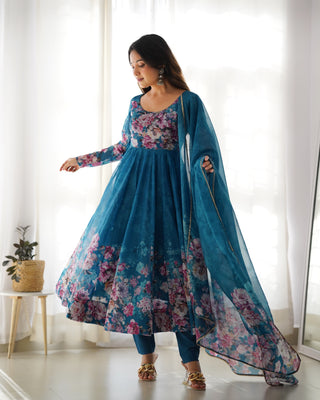 Elegant Rama Anarkali Silk Gown with Canvas Patta and Dupatta Set - Perfect for Festivities and Weddings ClothsVilla