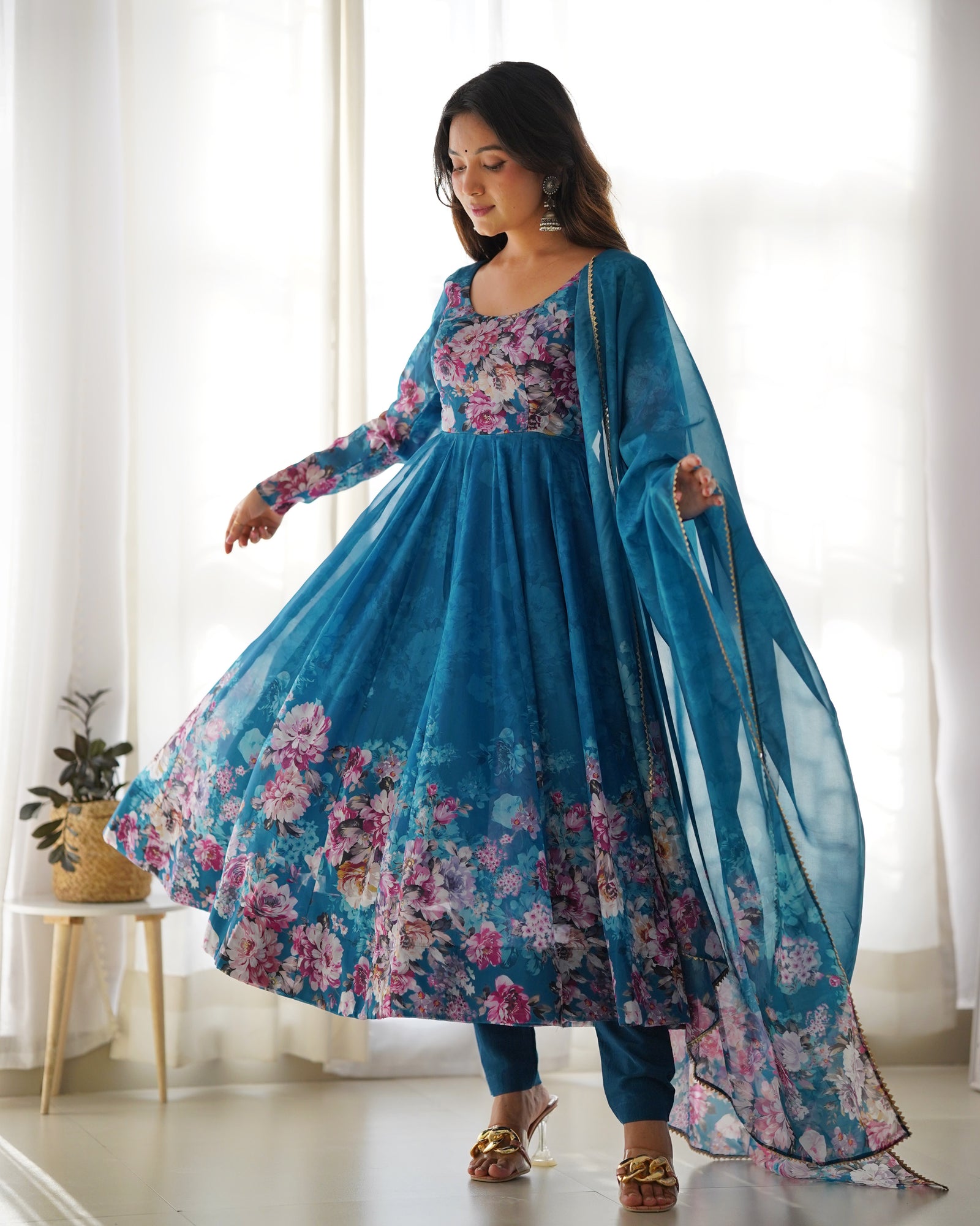 Elegant Rama Anarkali Silk Gown with Canvas Patta and Dupatta Set - Perfect for Festivities and Weddings ClothsVilla