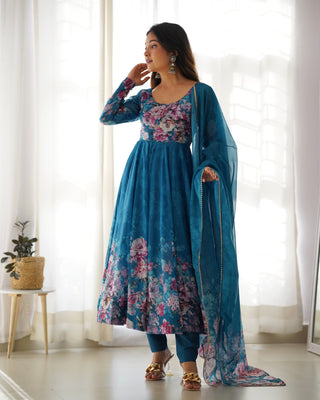 Elegant Rama Anarkali Silk Gown with Canvas Patta and Dupatta Set - Perfect for Festivities and Weddings ClothsVilla
