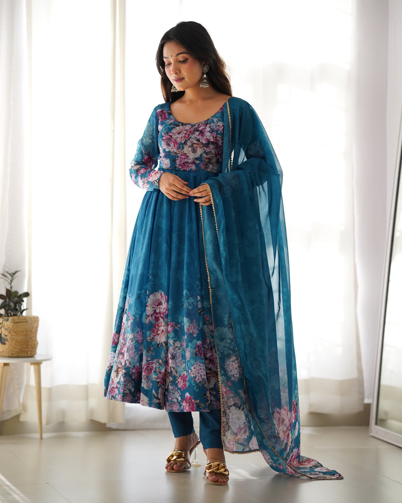 Elegant Rama Anarkali Silk Gown with Canvas Patta and Dupatta Set - Perfect for Festivities and Weddings ClothsVilla