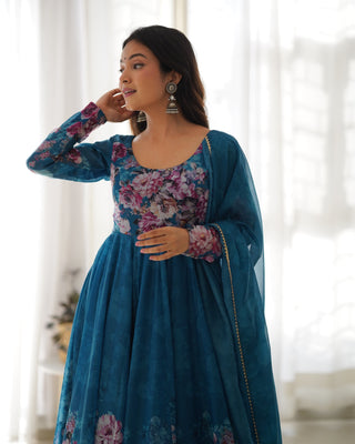 Elegant Rama Anarkali Silk Gown with Canvas Patta and Dupatta Set - Perfect for Festivities and Weddings ClothsVilla