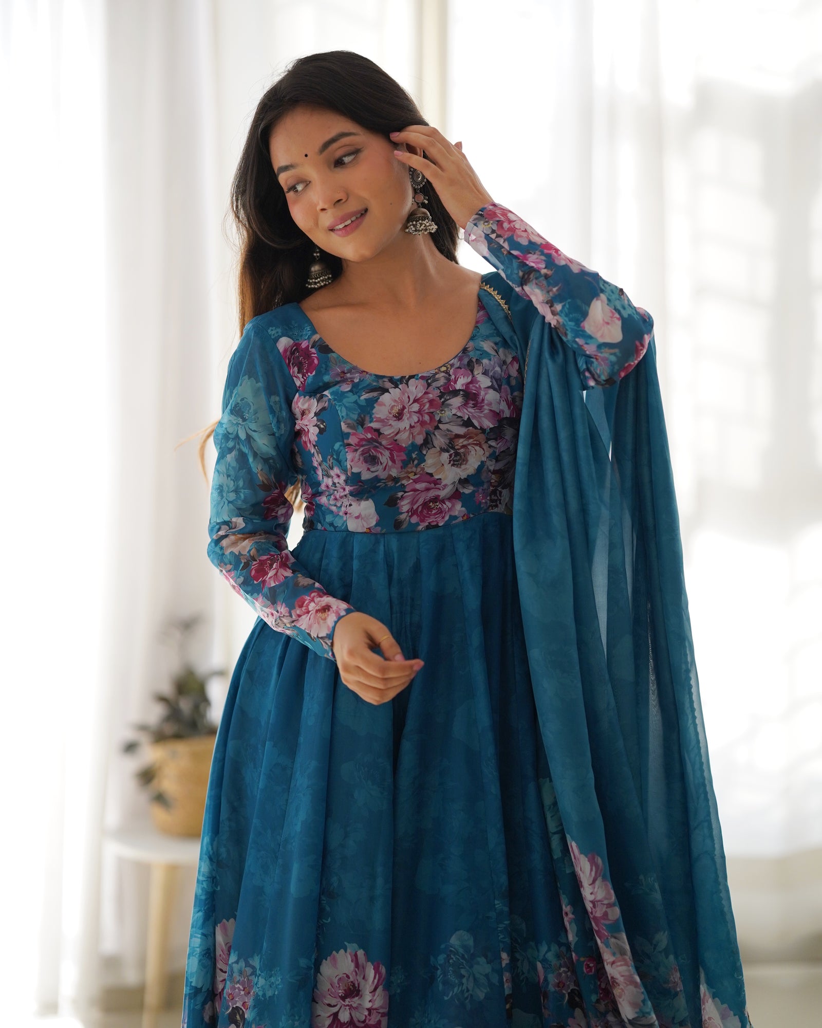 Elegant Rama Anarkali Silk Gown with Canvas Patta and Dupatta Set - Perfect for Festivities and Weddings ClothsVilla