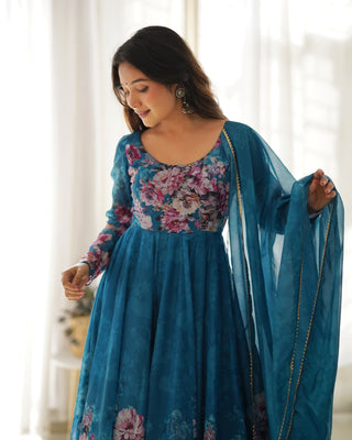 Elegant Rama Anarkali Silk Gown with Canvas Patta and Dupatta Set - Perfect for Festivities and Weddings ClothsVilla
