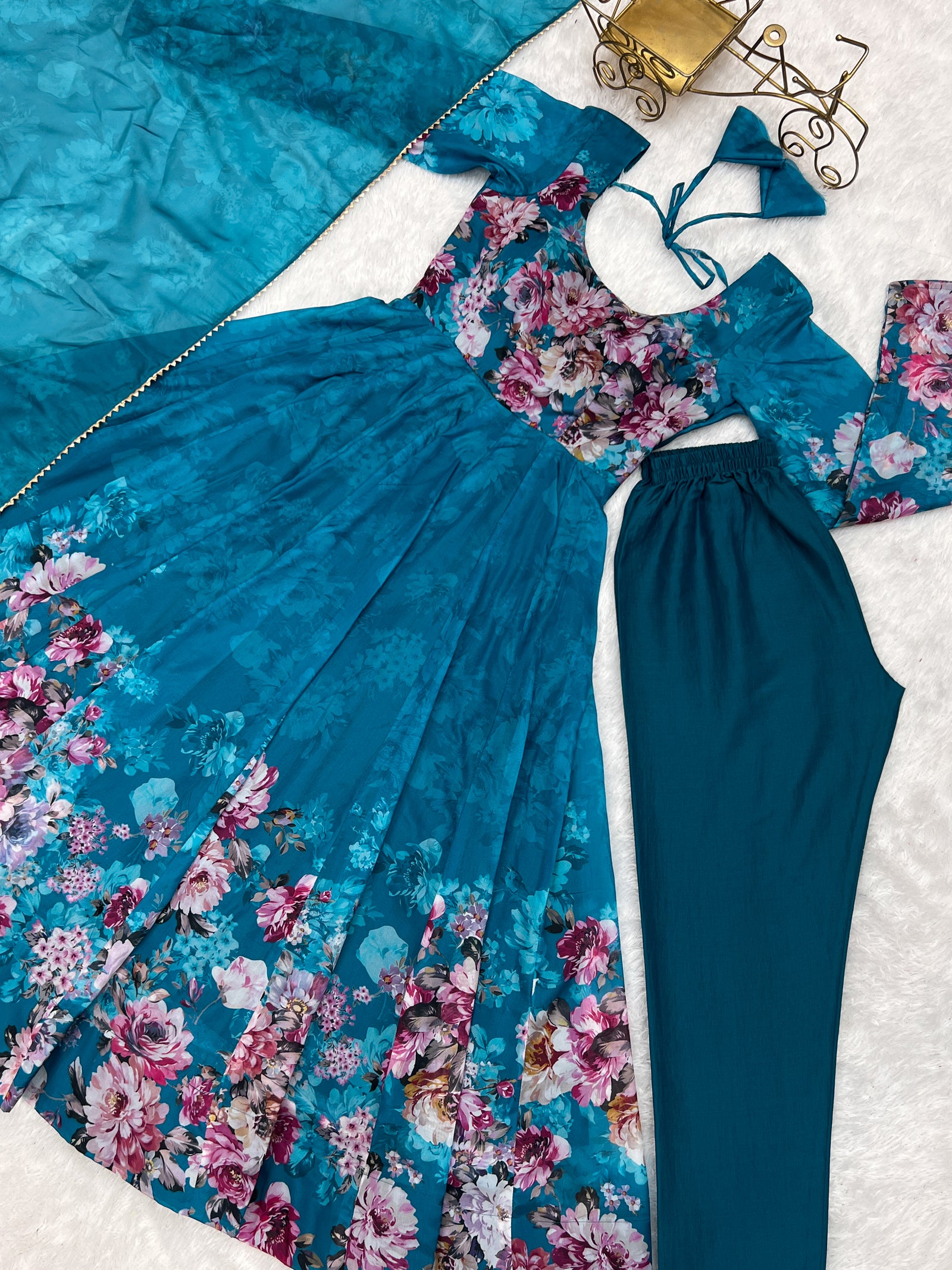 Elegant Rama Anarkali Silk Gown with Canvas Patta and Dupatta Set - Perfect for Festivities and Weddings ClothsVilla