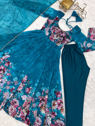 Elegant Rama Anarkali Silk Gown with Canvas Patta and Dupatta Set - Perfect for Festivities and Weddings ClothsVilla