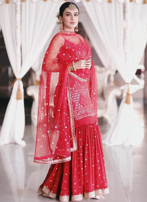 Elegant Thread & Sequence Embroidered Georgette Sharara Set ClothsVilla Main image