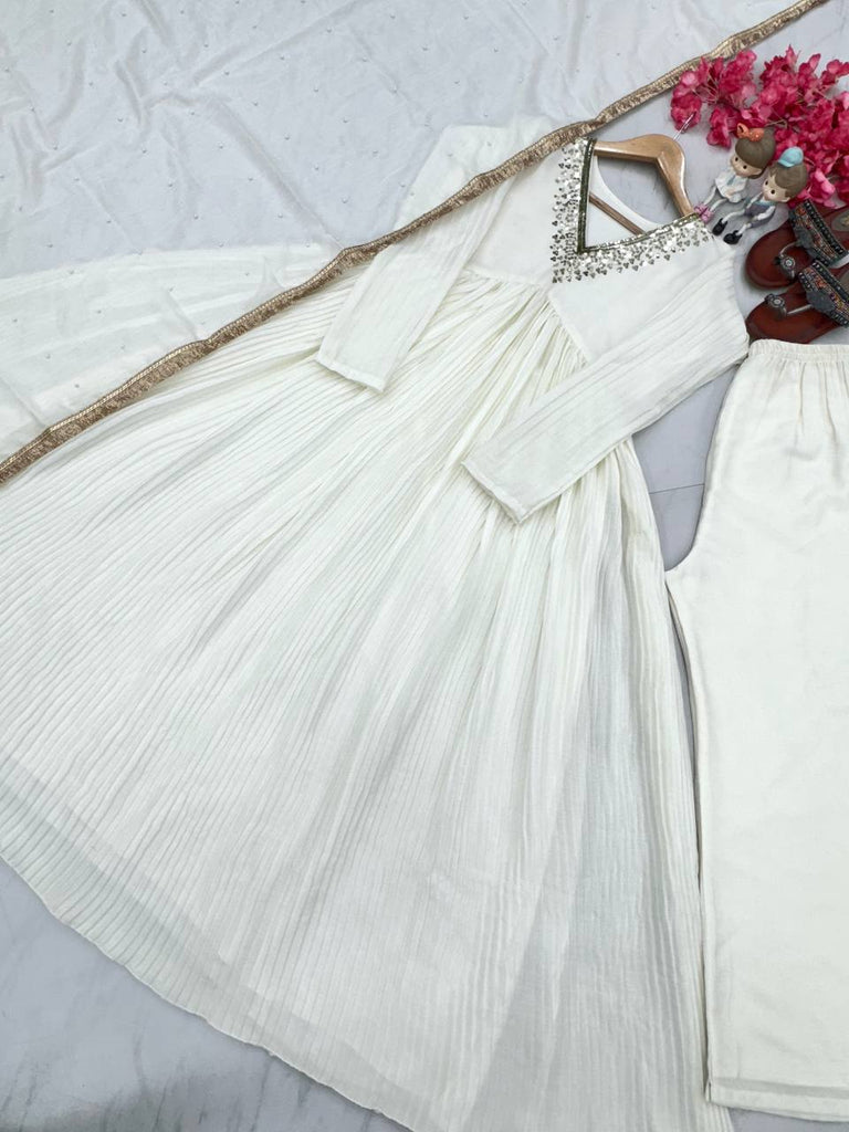 Elegant White Party Wear Alia Cut Anarkali Gown Set with Dupatta & Bottom Clothsvilla