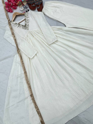 Elegant White Party Wear Alia Cut Anarkali Gown Set with Dupatta & Bottom Clothsvilla