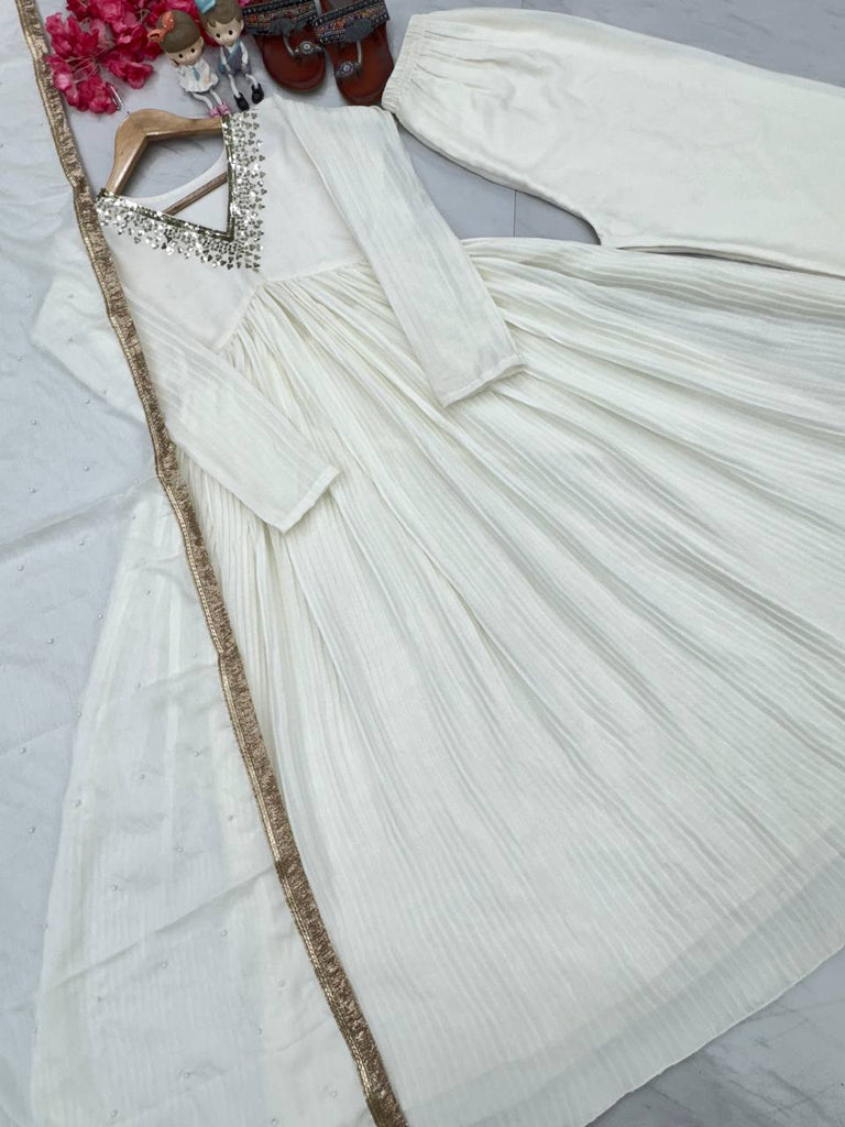silk white anarkali dress Premium Off White Neck Embroidered Silk Anarkali Dress XL