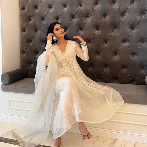 white alia cut dress Elegant White Party Wear Alia Cut Anarkali Gown Set with Dup