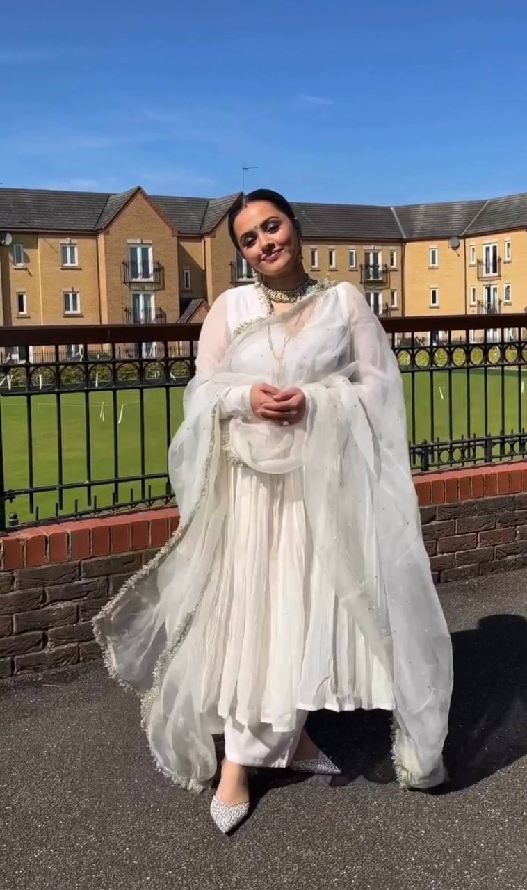 Elegant White Party Wear Alia Cut Anarkali Gown Set with Dupatta & Bottom Clothsvilla Main image