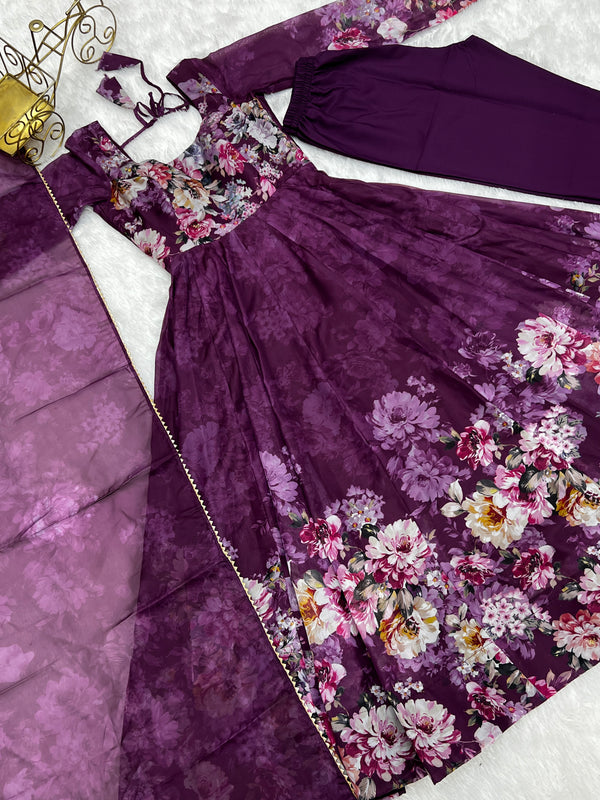 Elegant Wine Anarkali Silk Gown with Canvas Patta and Dupatta Set - Perfect for Festivities and Weddings ClothsVilla
