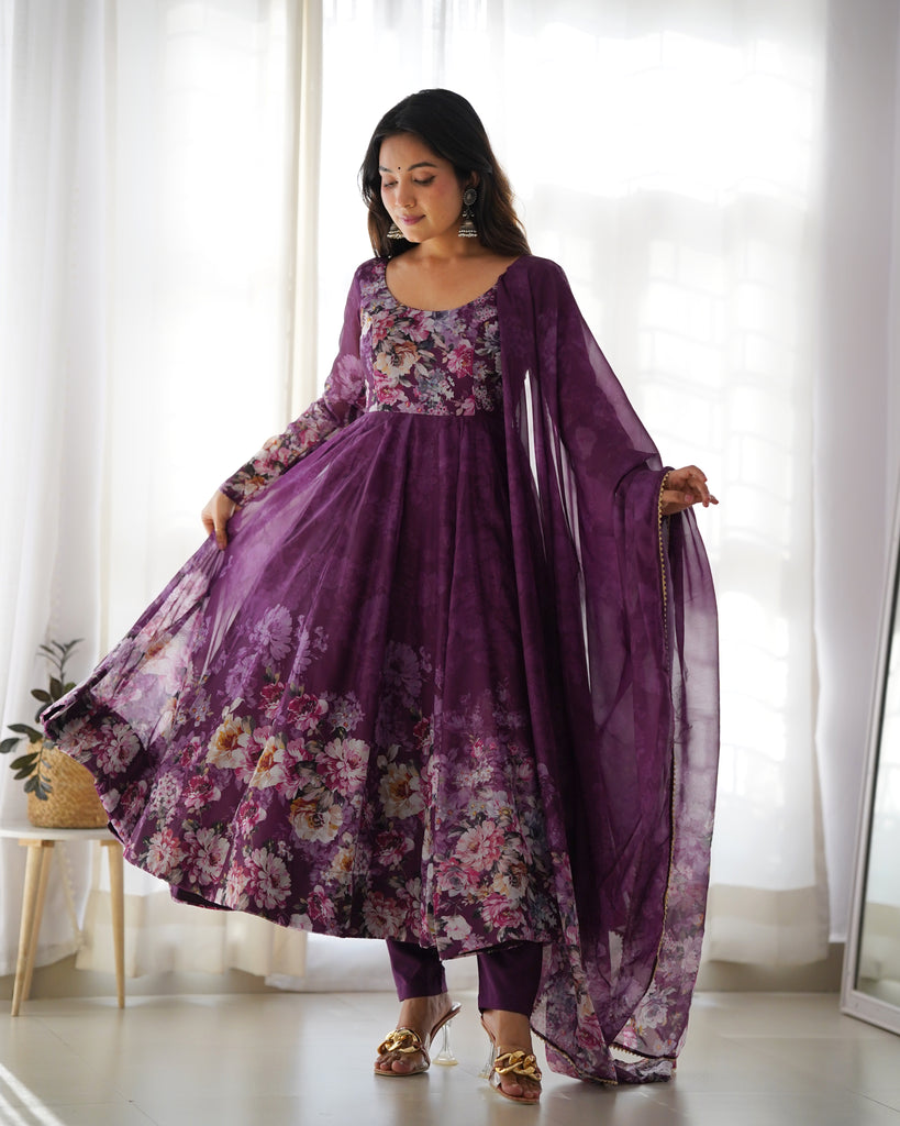 Elegant Wine Anarkali Silk Gown with Canvas Patta and Dupatta Set - Perfect for Festivities and Weddings ClothsVilla